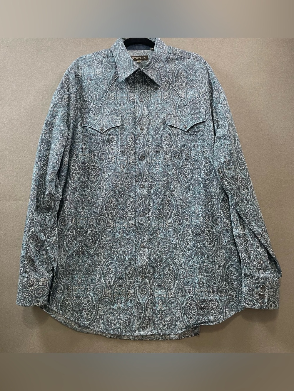Stetson Mens XXL Pearl Snap Western Shirt Long Sleeve Blue Paisley cowboy